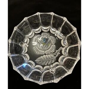 Vintage Imperlux Pressed Crystal Footed Bowl Candy Dish Fluted Edges Etched Rose